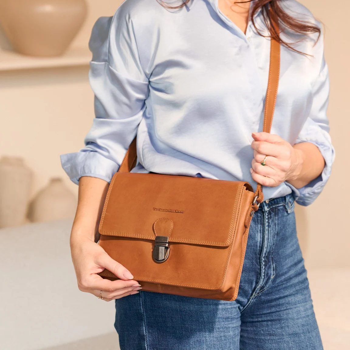 Leather Shoulder Bag Cognac Lunor - Image 2